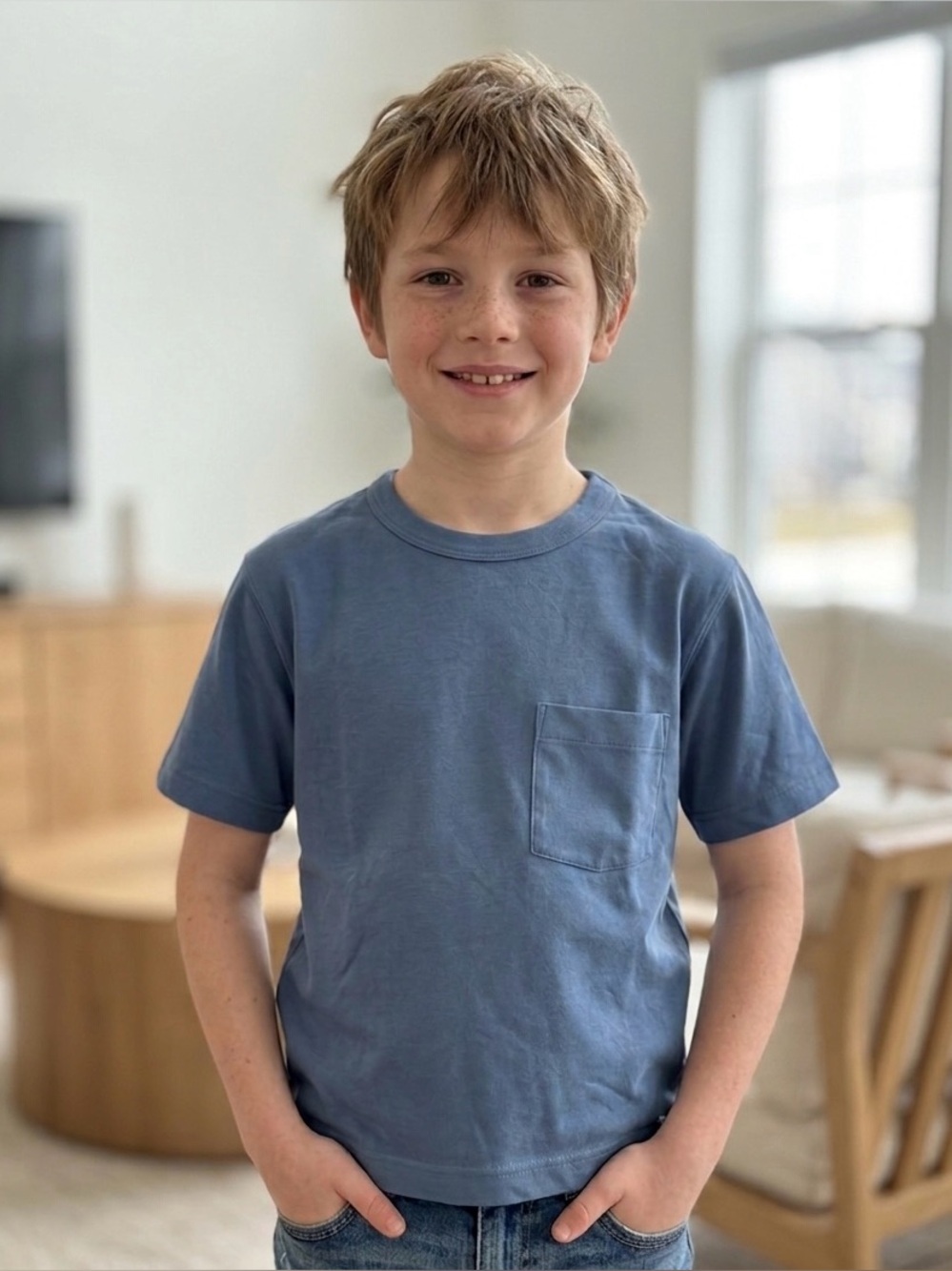 UNIQLO U Boys Short Sleeve Cotton Pocket T-Shirt Size 7-8 Dusty Blue